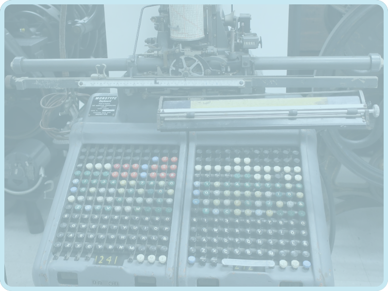 Photo of Six Red Marbles' original Monotype machine that was gifted to the Museum of Printing. 